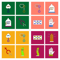 Set in flet of sex icons in thin line drowings. Condom hand