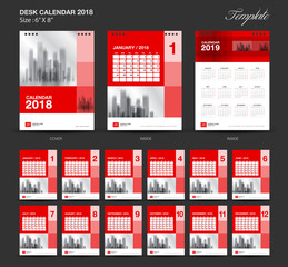 Set Red Desk Calendar 2018 year size  6 x 8 inch template, Set of 12 Months, Week Starts Monday, flyer design