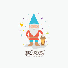 gnome fantastic character with hand lamp with costume and colorful sparks and stars on white background