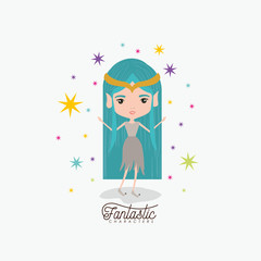 elf princess fantastic character and colorful sparks and stars on white background