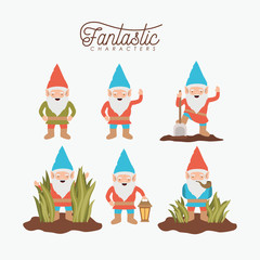 gnome fantastic character set with costume and icons on white background