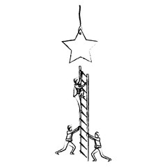businessman climbing wooden stairs to reach a star silhouette blurred monochrome