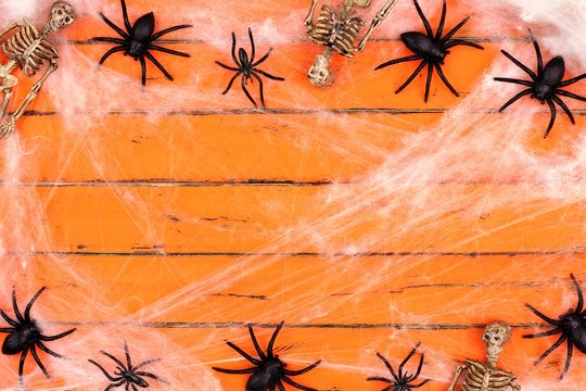 Halloween double border with skeletons and spider webs on an old orange wood background