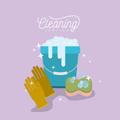 bucket with soap foam and sponge with gloves cleaning service on color background