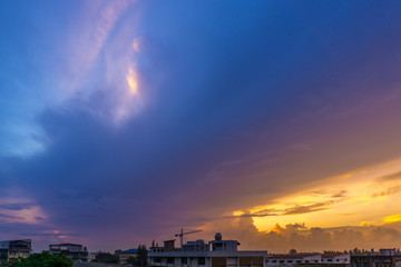 twilight sky and massive rain cloud at morning cityscape bangkok thailand