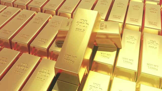 4k Gold bullion gold bars treasury wealth Ingot luxury finance goods trading,3D animation of stacked gold bars.