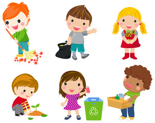 Save Earth. Waste recycling. Children planted young trees. Girl watering flowers from watering can. Kids gathering plastic bottles for recycling. Isolated white background