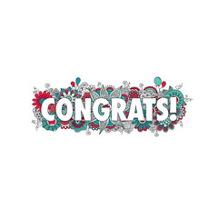 Congratulations doodle vector illustration with the word congrats! surrounded by swirls, flowers, mandalas, balloons and curls.