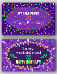 Set greeting cards. happy Birthday, made of flowers ,herbs, leaves . very detailed doodles