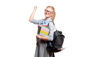 Happy young student girl holding books.  Back to school