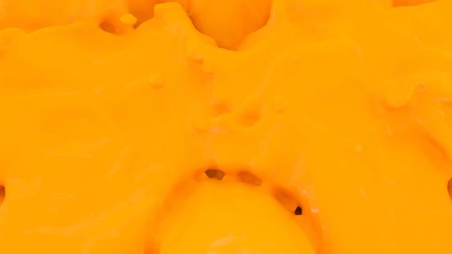 Animated stream of orange juice pouring and splashing and quickly filling up whole container against green background.