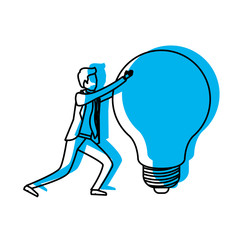 businessman pushing a big light bulb in blue watercolor silhouette