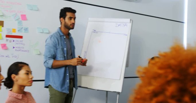 Male executive discussing over flip chart 