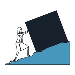 business woman pushing a block over rock landscape in color blue sections silhouette