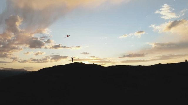 Beautiful Girl Running Summer Field Sunset Kite. 1080p slow motion.