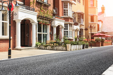 British style apartment building and asphalt road in the Thames town of Shanghai