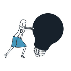 businesswoman pushing a big light bulb color blue sections silhouette