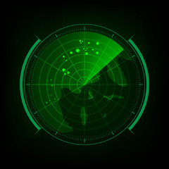 Radar screen with futuristic user interface and digital world map.
