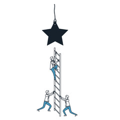 businessman climbing wooden stairs to reach a star color blue sections silhouette