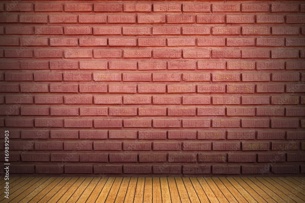 Poster red brick wall and wood floor with shadow for pattern and background