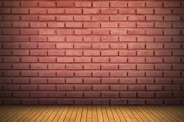 red brick wall and wood floor with shadow for pattern and background