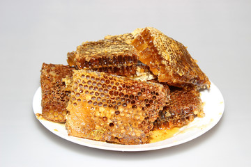 Honey in honeycombs on a plate