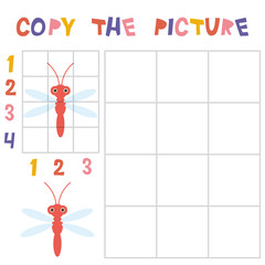 Fototapeta na wymiar Copy the dragonfly picture using the grid, education game for children. Kids learning game insects isolated on white background. Vector