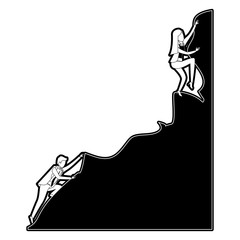 business woman and man trying to climb to the top of rock black silhouette and thick contour