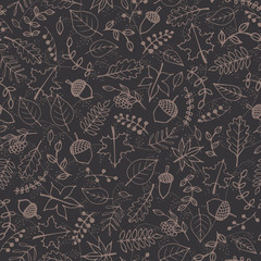 Vector pattern with autumn elements contours: brown foliage, berries and acorns on the gray background. Maple, sycamore, birch, beech and oak tree leaves. Beautiful hand drawn line art.