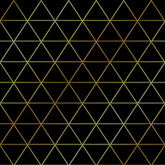 Vector gold triangles outline seamless pattern on the black background. Abstract geometric design.