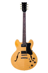 Light Yellow hollow body guitar on white background - obrazy, fototapety, plakaty