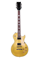 Gold colored guitar white background - obrazy, fototapety, plakaty