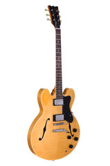 Obraz premium Light Yellow hollow body guitar on white background