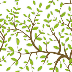 seamless pattern Brown branches with green leaves, pastel colors on white background. Vector