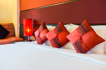 Dreamy master bedroom with double bed. The modern design of luxury room.