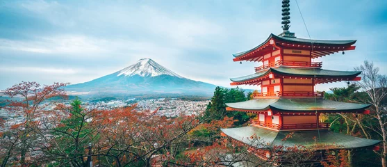 Fotobehang Tokio Mount Fuji, Chureito-pagode in de herfst