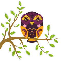bright colorful owl on the branch of tree on white background. Vector
