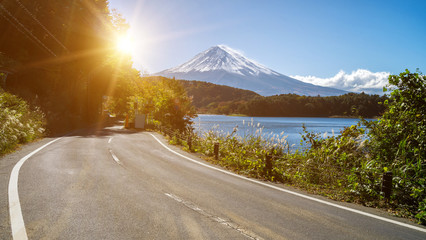 Mt Fuji in Japan and road at Lake Kawaguchiko