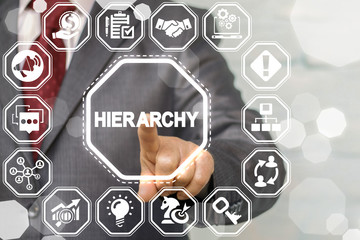 Hierarchy Business Finance concept. Man presses hierarchy text button on a virtual interface.