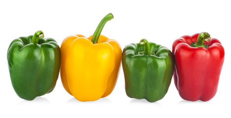 Fresh vegetables Three sweet Red, Yellow, Green Peppers isolated on white background