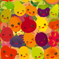 seamless pattern funny kawaii fruit Pear Mangosteen tangerine pineapple papaya persimmon pomegranate lime apricot plum dragon fruit figs mango peach lemon lychee apple kiwano. Vector