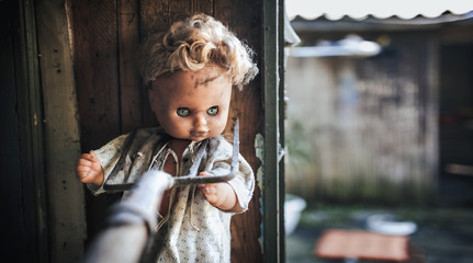 Aggression, fear. Old doll pressed to the wall with garden forks.