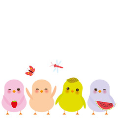 Kawaii colorful green orange pink chick with pink cheeks and winking eyes, pastel colors on white background. Vector