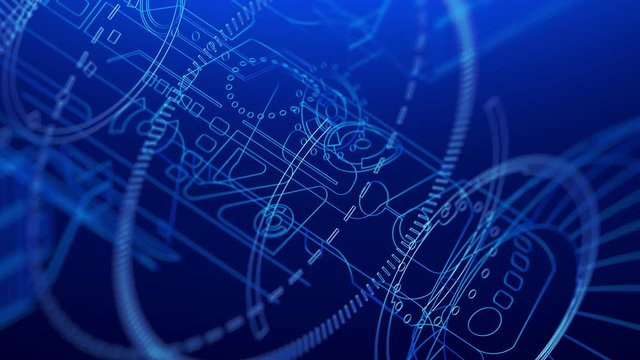 Technology animated background. The slow motion, the Satellite close-up slowly rotating on its axis in space. Style of x-rays and mesh frame.