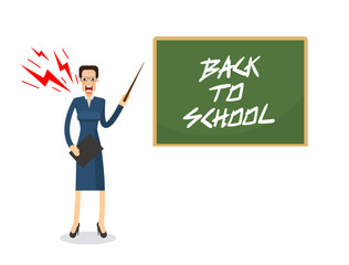 angry teacher with anger and scream standing with pointer in front of blackboard