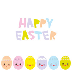 Happy Easter greeting card design. Kawaii colorful blue green orange pink yellow egg with pink cheeks and winking eyes, pastel colors on white background. Vector