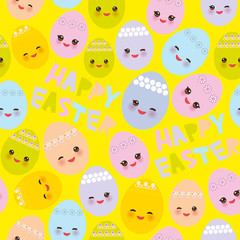 Happy Easter seamless pattern. Kawaii colorful blue green orange pink yellow egg with pink cheeks and winking eyes, pastel colors on yellow background. Vector