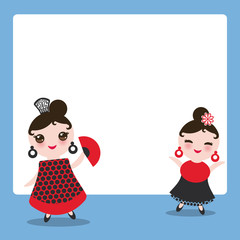 Fototapeta premium Spanish flamenco dancer card design, banner template. Woman Kawaii cute face with pink cheeks. Gipsy girl, red black dress, polka dot fabric, blue background banner template, card design. Vector