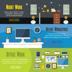 Set of three horizontal office workspace banners with colorful images