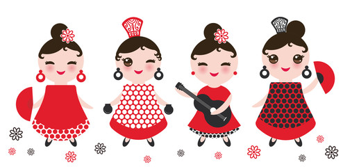 spanish Woman flamenco dancer. Kawaii cute face with pink cheeks and winking eyes. Gipsy girl, red black white dress, polka dot fabric, Isolated on white background. Vector - obrazy, fototapety, plakaty
